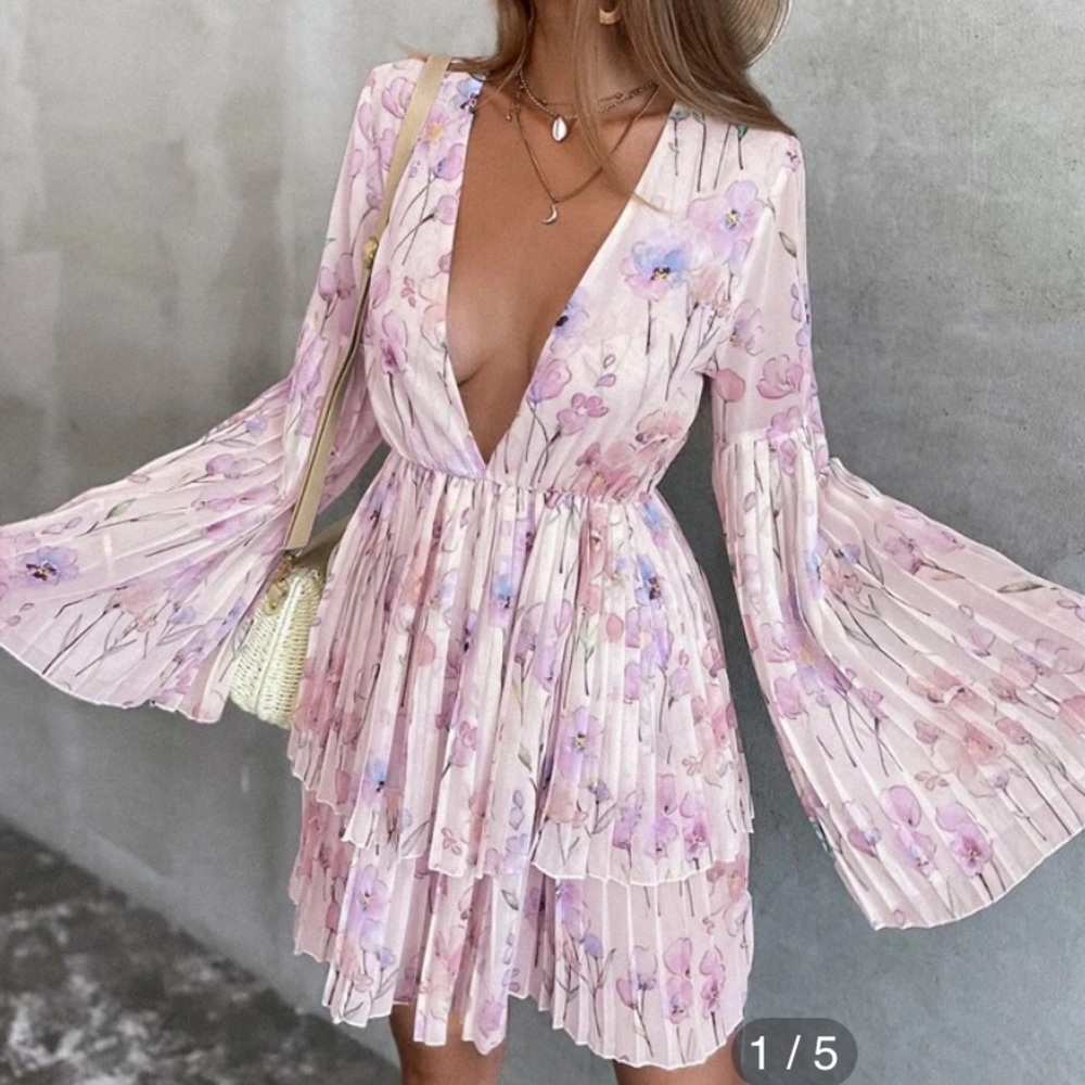 Plunging Neck Pleated Floral Dress